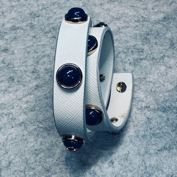 Tory Burch - Leather Double Wrap Blue Cabochon Logo Studded Bracelet - Picture 7 of 8